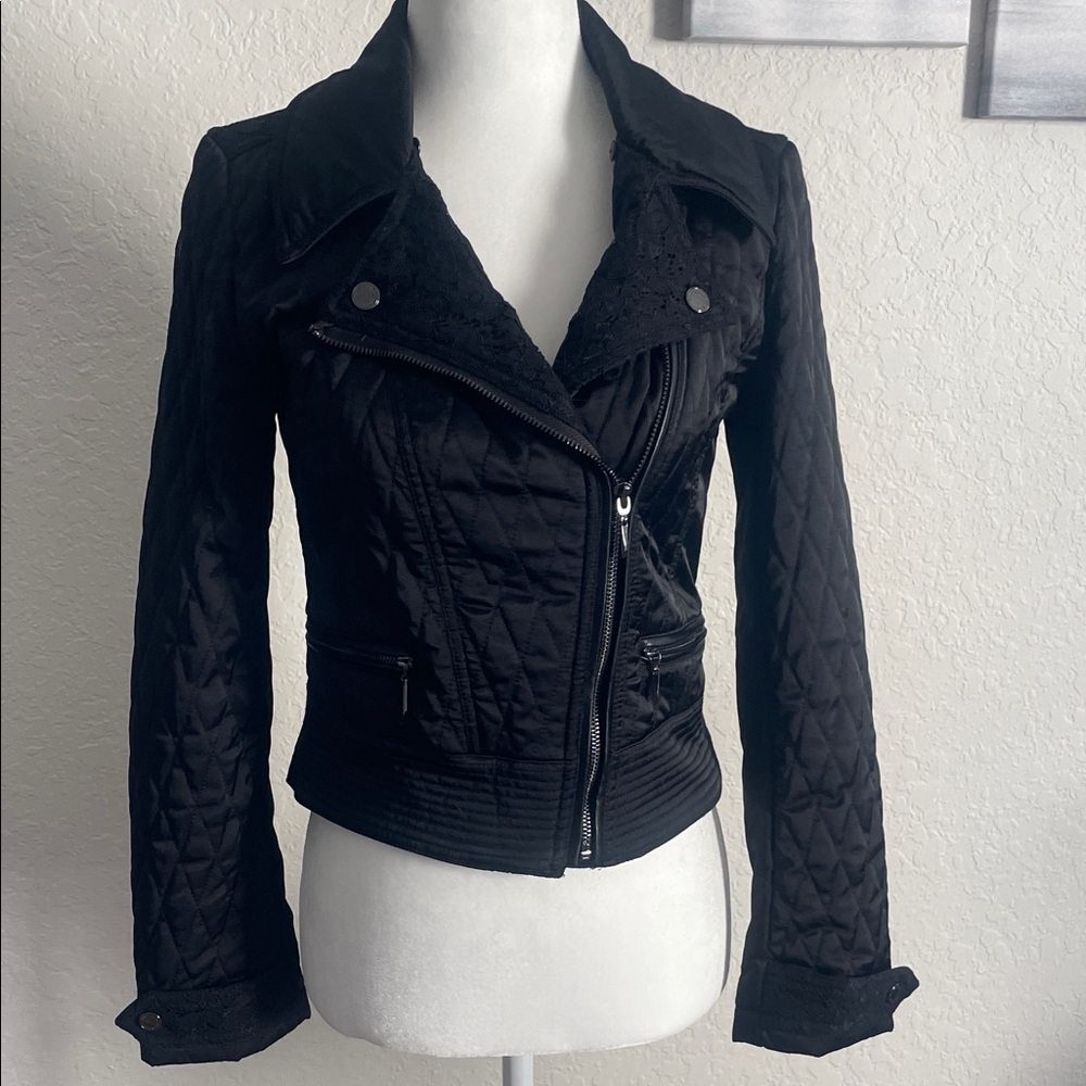 White House Black Market Black bomber jacket w lave accents